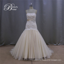 Fabricante de vestido de novia Champagne exquisita flor hecha a mano